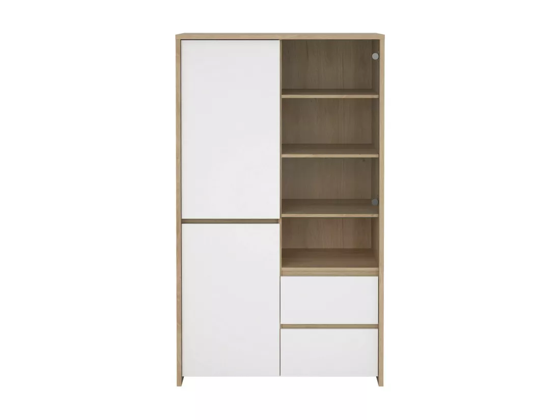 Vitrine Dvecin, Buffet d'exposition, Vitrine polyvalente, Buffet de salon, 100x48 h170 cm, Chêne clair et Blanc