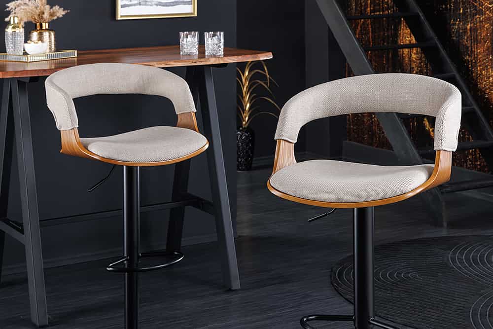 riess-ambiente Barhocker MANHATTAN - Retro beige Strukturstoff Massivholz mit Lehne drehbar höhenverstellbar
