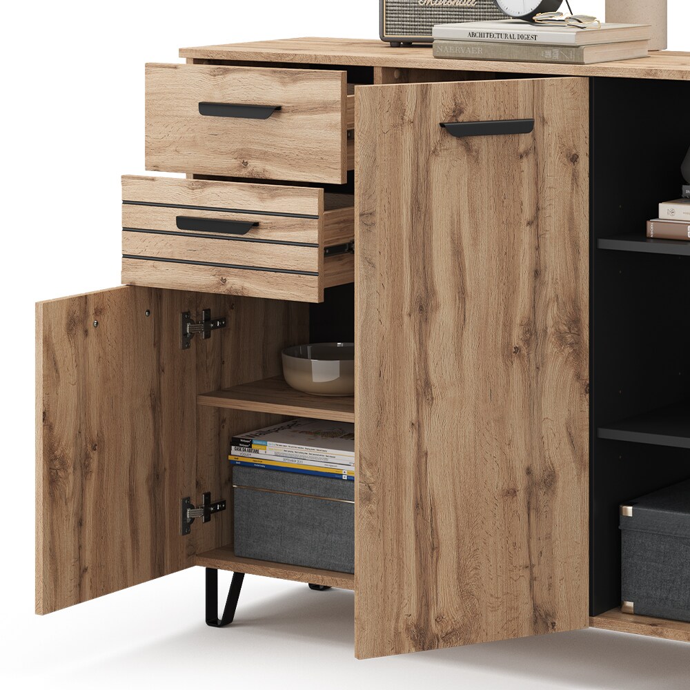 Vicco Sideboard Amber Eiche Wotan 120 x 100 cm mit 2 Türen und 2 Schubladen