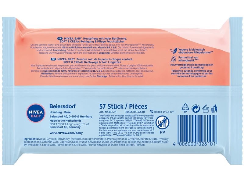 NIVEA BABY Feuchttücher Soft & Cream Multipack 4 x 57 Stück Soft & Cream Wipes für zarte Babyhaut