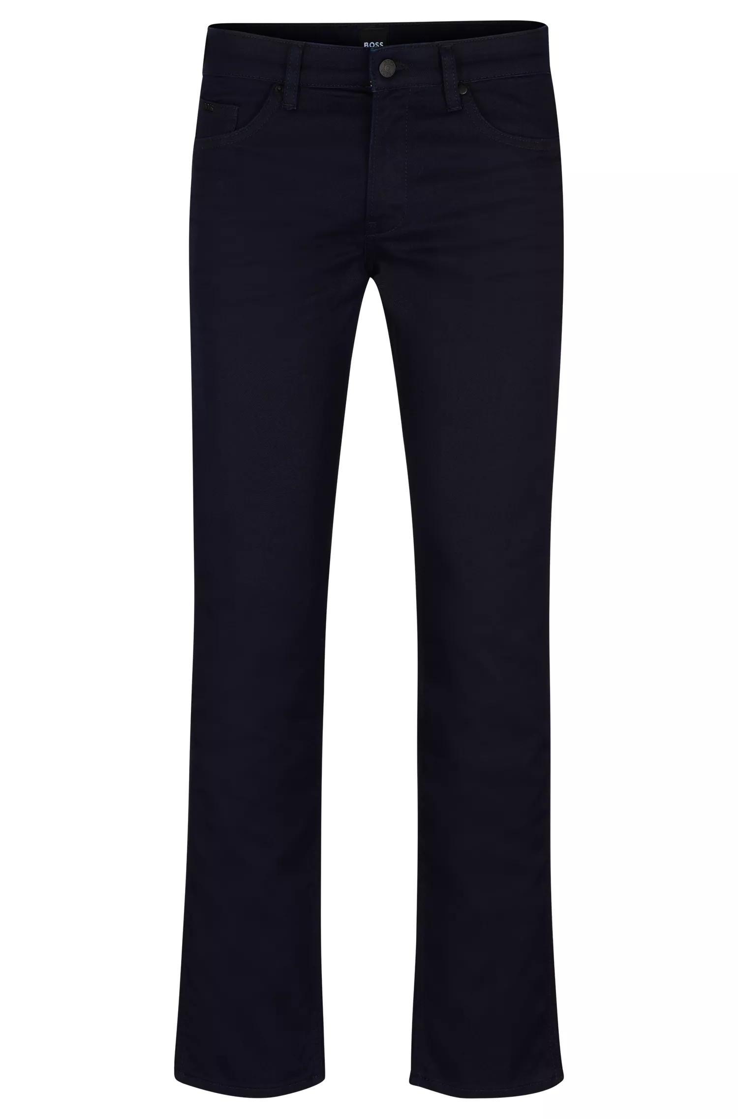 Calça jeans BOSS preta, corte slim, em denim confortável com elasticidade azul-escuro.