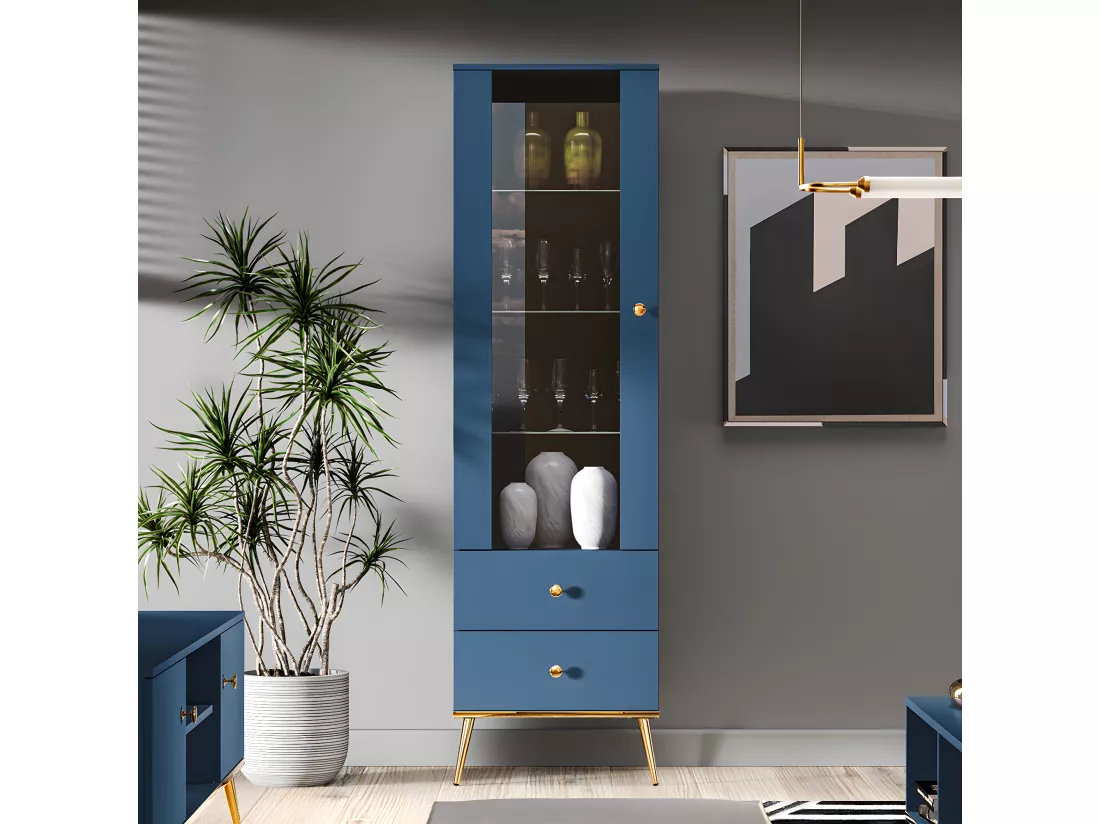 Vitrine 1 porte 2 tiroirs Thalia Bleu