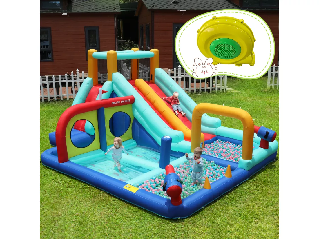 Château gonflable toboggan aquatique double pour enfants - 365 x 450 x 217cm - en oxford - avec souffleur - bleu