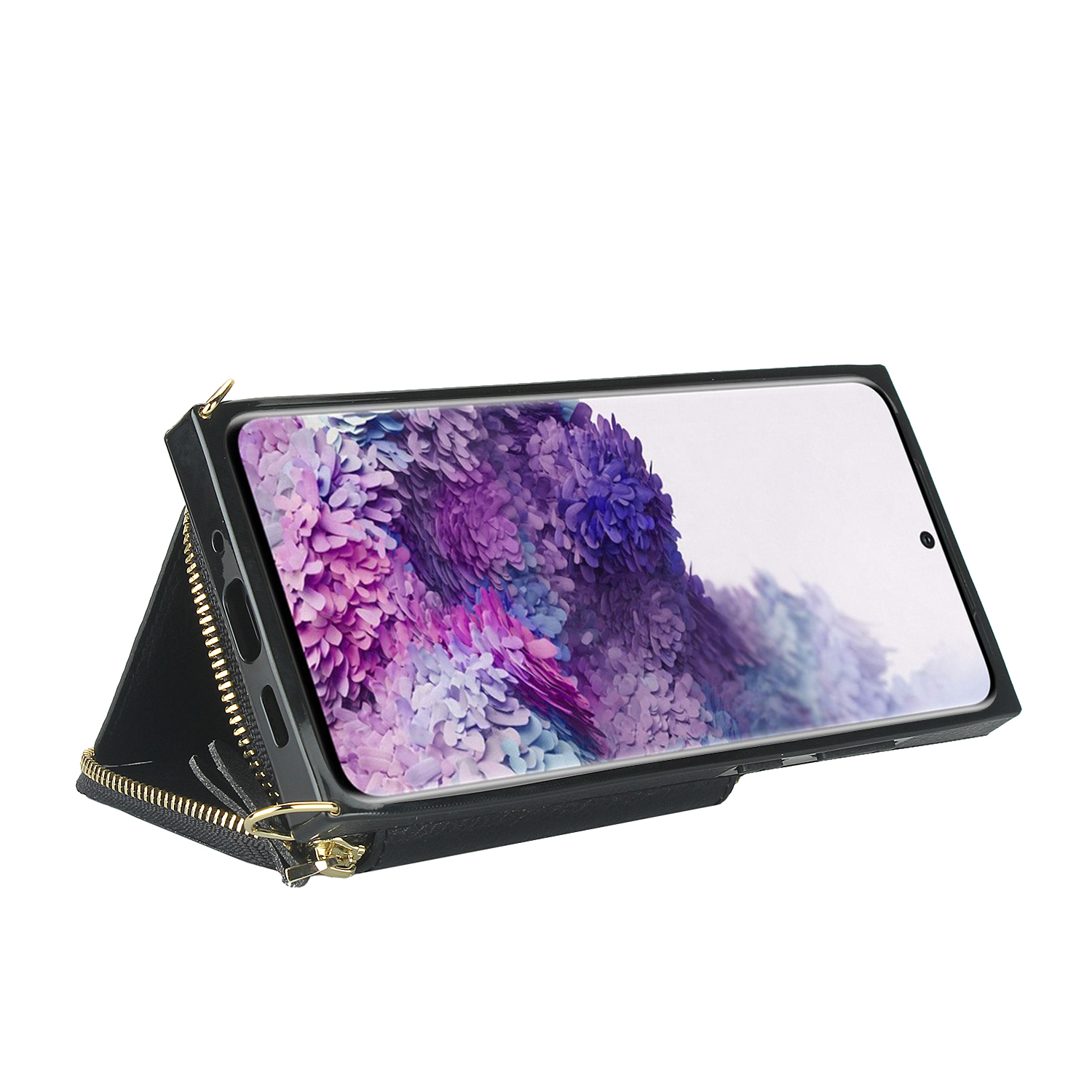 Samsung Galaxy S20 / S20 5G Necklace Leder Schutz Hülle mit Kartenfächer   Handykette (140cm) - Schwarz