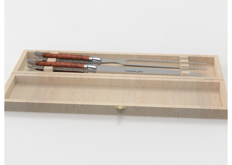 Service à viande Laguiole avec un manche en loupe de thuya et mitres en acier inoxydable