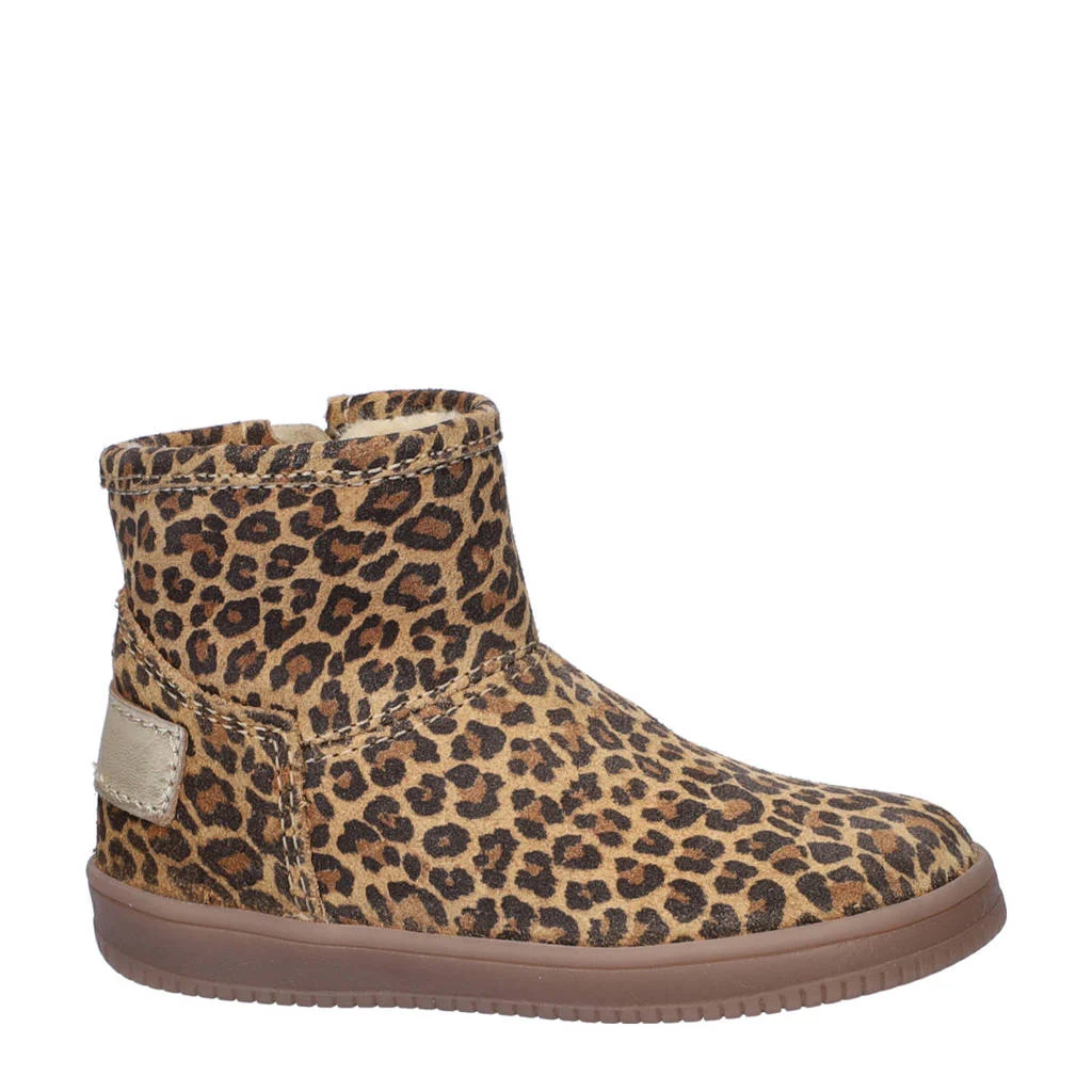 Nelson Kids gevoerde suède enkelboots met panterprint beige/zwart