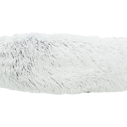 Cama redonda Trixie Harvey para cães, branca e preta.