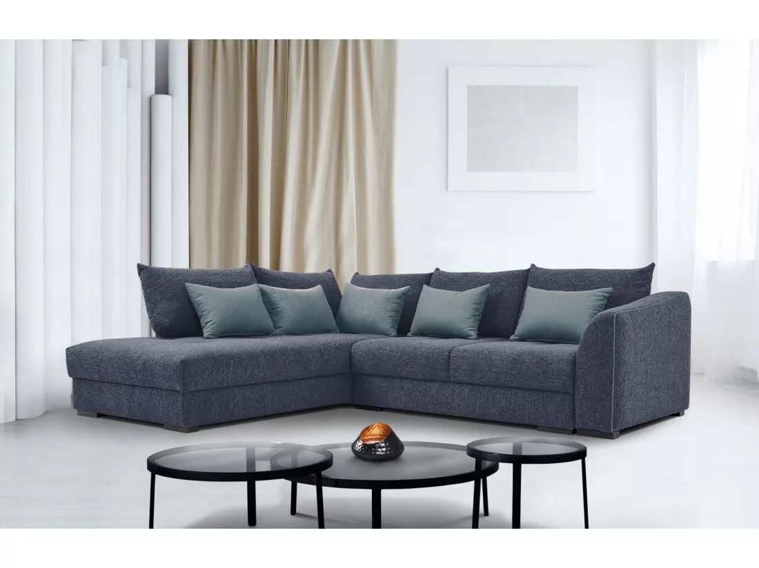 Canapé d'angle gauche 5 places convertible tissu bleu - Elbe