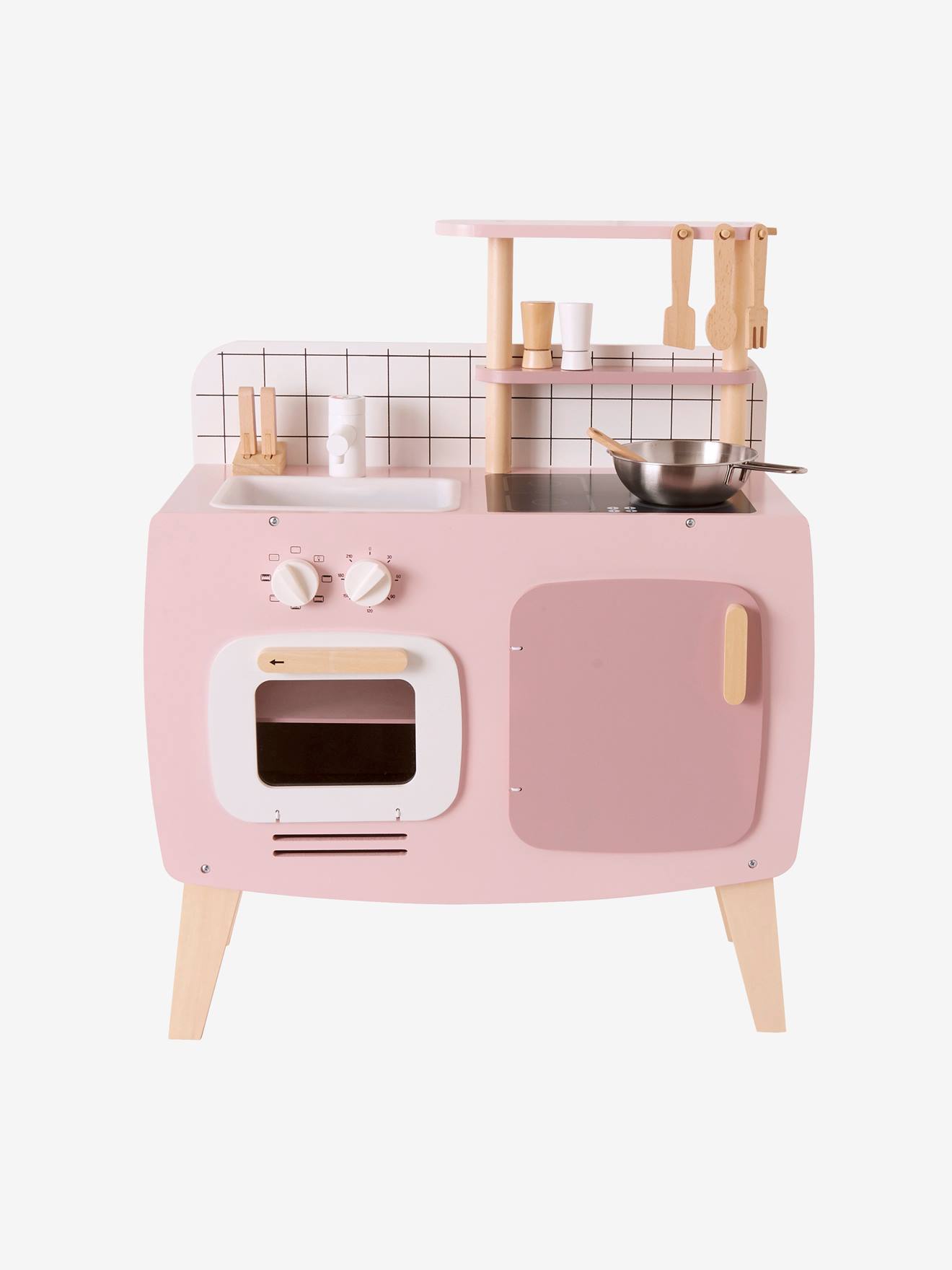 Cozinha de brinquedo de design, feita de madeira cor caramelo com certificação FSC®.