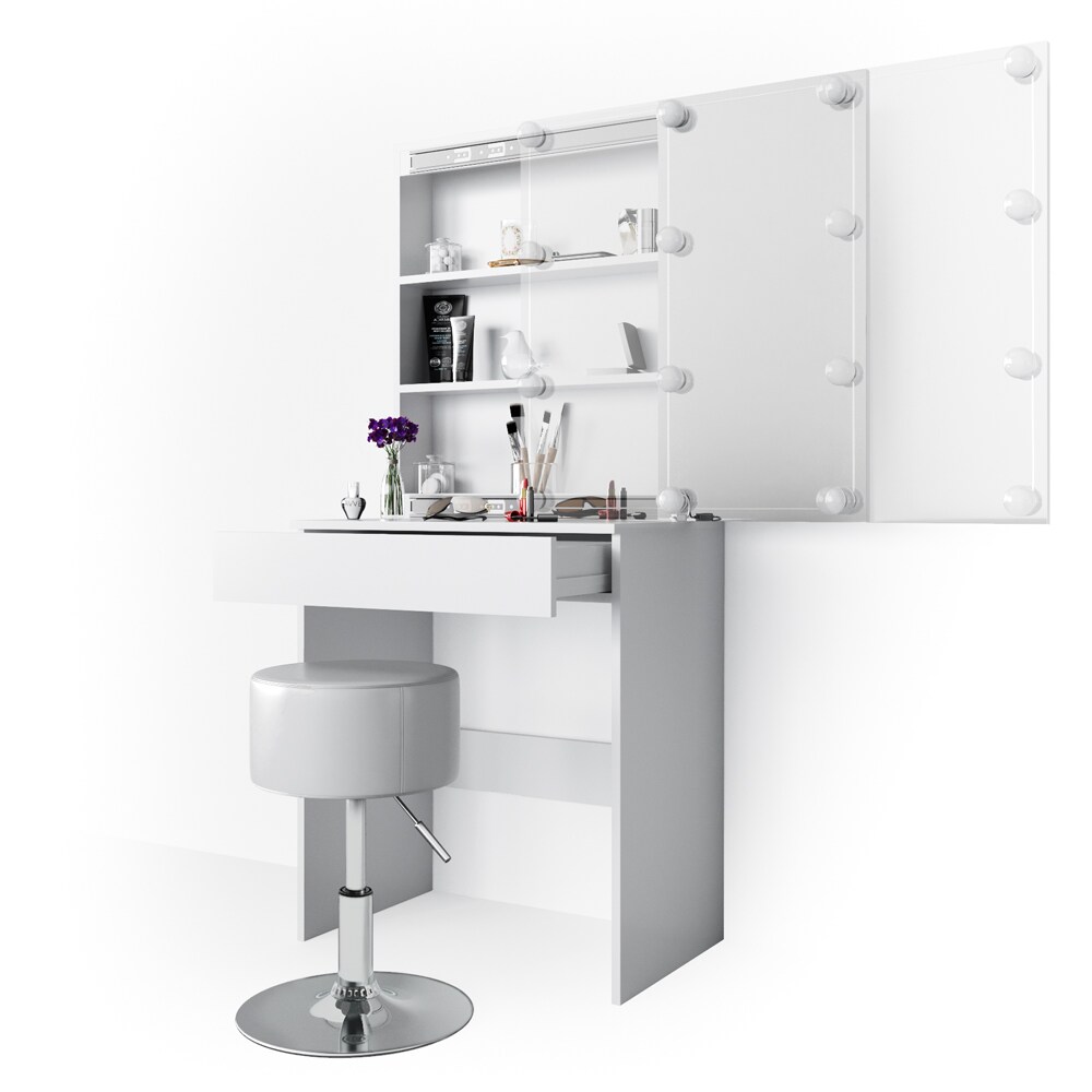 Vicco Schminktisch Melle Frisiertisch Kommode Frisierkommode Spiegel Weiß inklusive Hocker und LED-Lichterkette