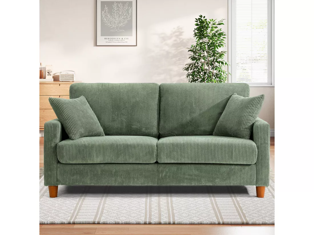 Canapé en Velours Côtelé 2 Places,Grand Canapé Droit Rembourré Moderne avec Sièges extra profonds de 56cm - 2 Coussins - 178x76x89cm - Vert