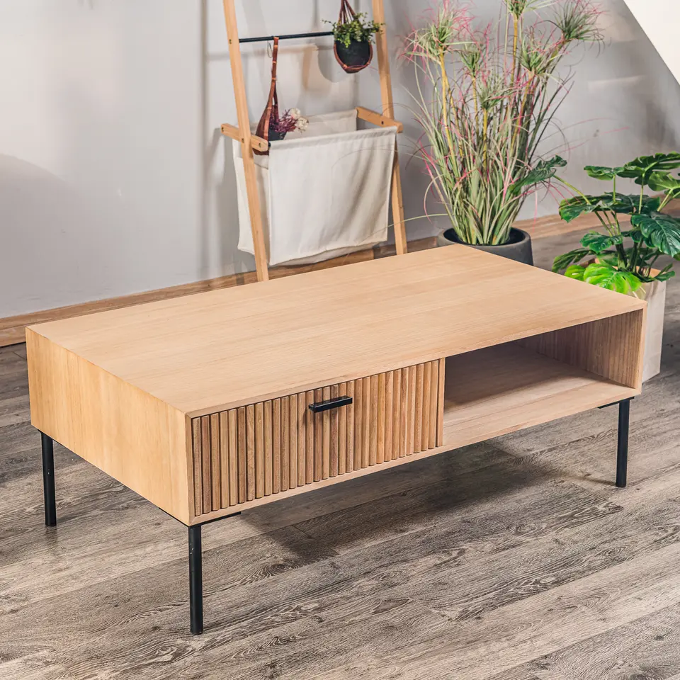 Salontafel met 1 lade van essen en metaal