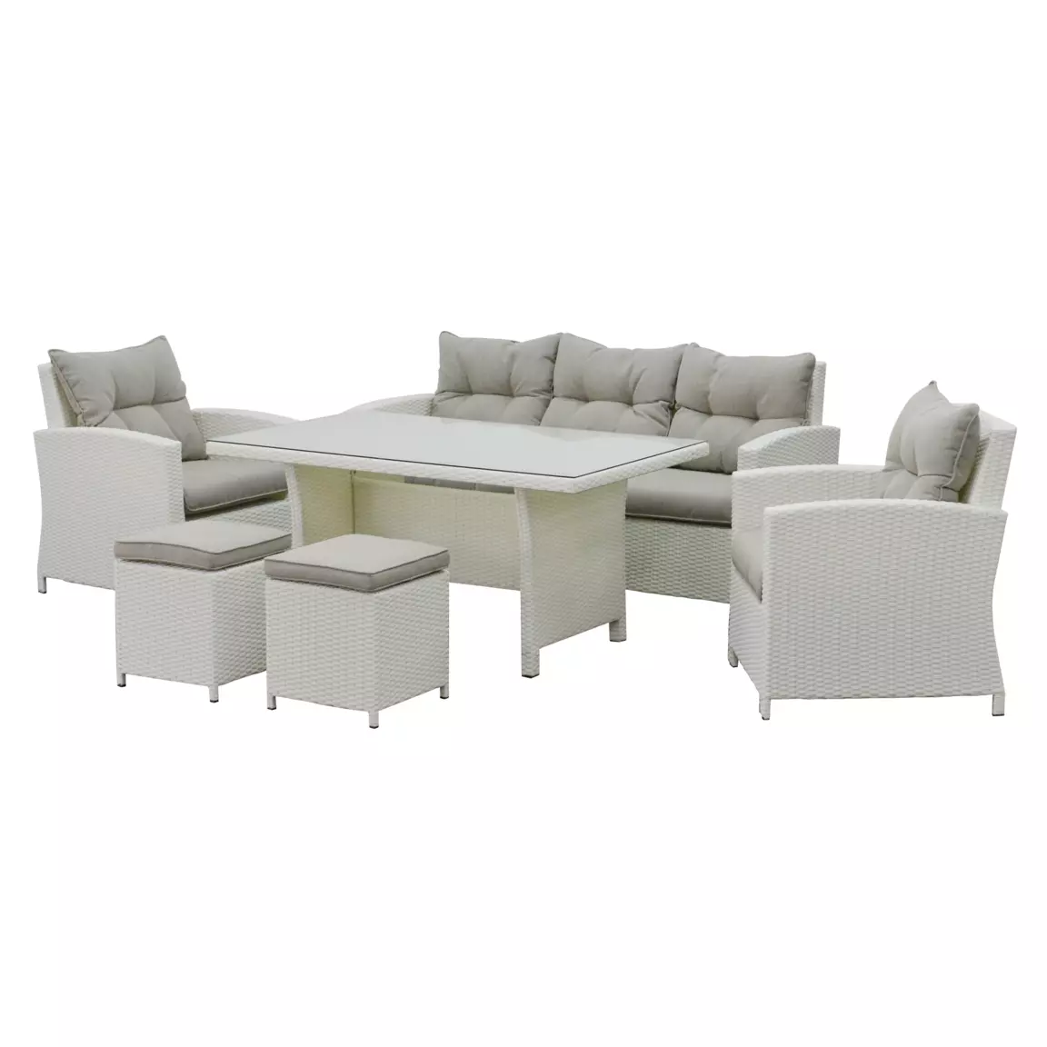Salon de jardin en résine tressée 7 places Tivoli Blanc et taupe