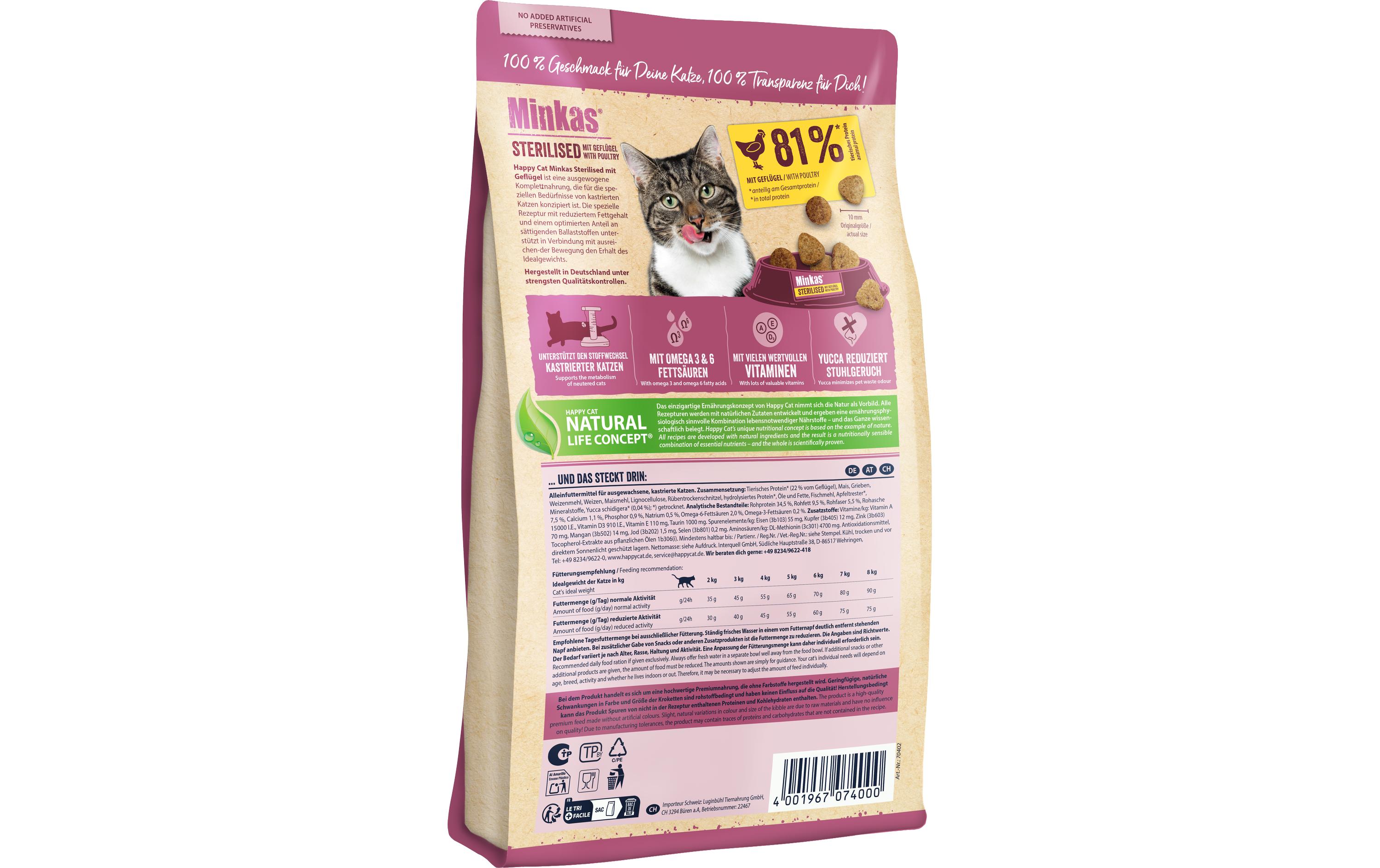 Trockenfutter Minkas Sterilised Geflügel, 4 kgAlleinfuttermittel für ausgewachsene, kastrierte Katzen