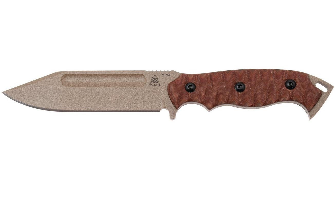 TOPS Knives M-PAT, MPAT-01, 1095 Coyote Tan Coating, Tan Canvas Micarta, survivalmes, Seth Brown design
