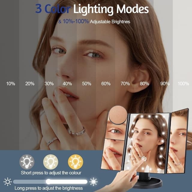 3-sidet sammenfoldelig makeup spejl, der kan dæmpes lys 22LED bordspejl