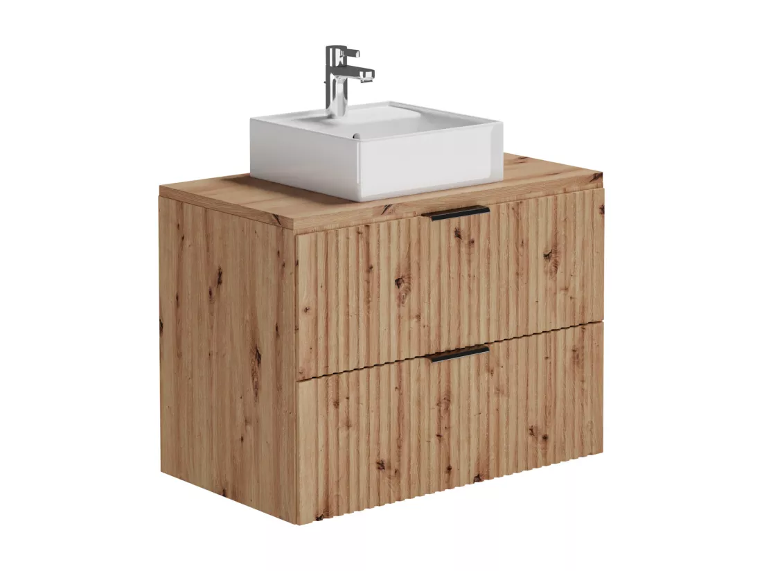 Meuble de salle de bain suspendu strié avec vasque à poser et colonne - Naturel clair - 80 cm - ZEVARA