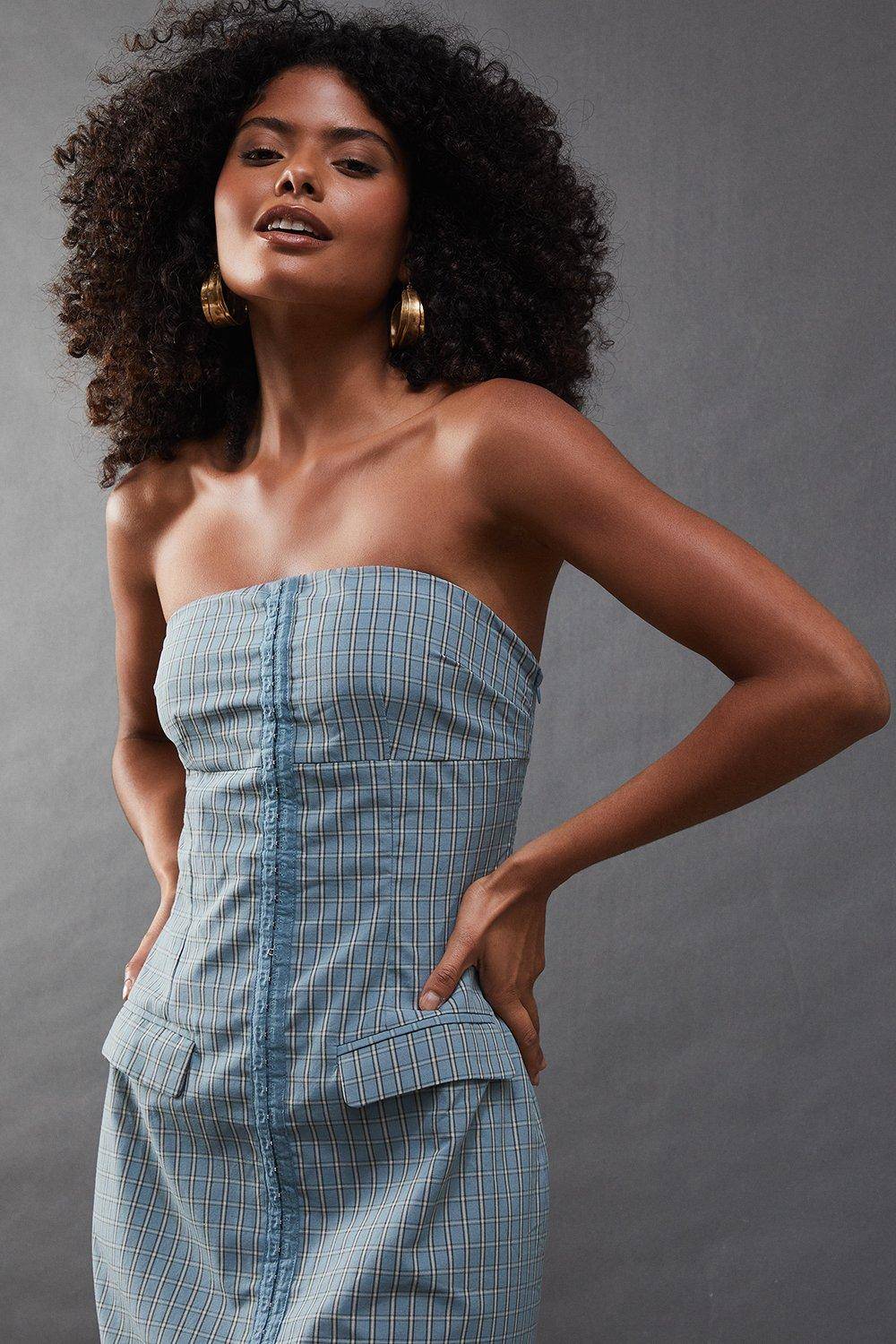 Warehouse Robe Midi Bandeau Ajustée à Carreaux avec Agrafes