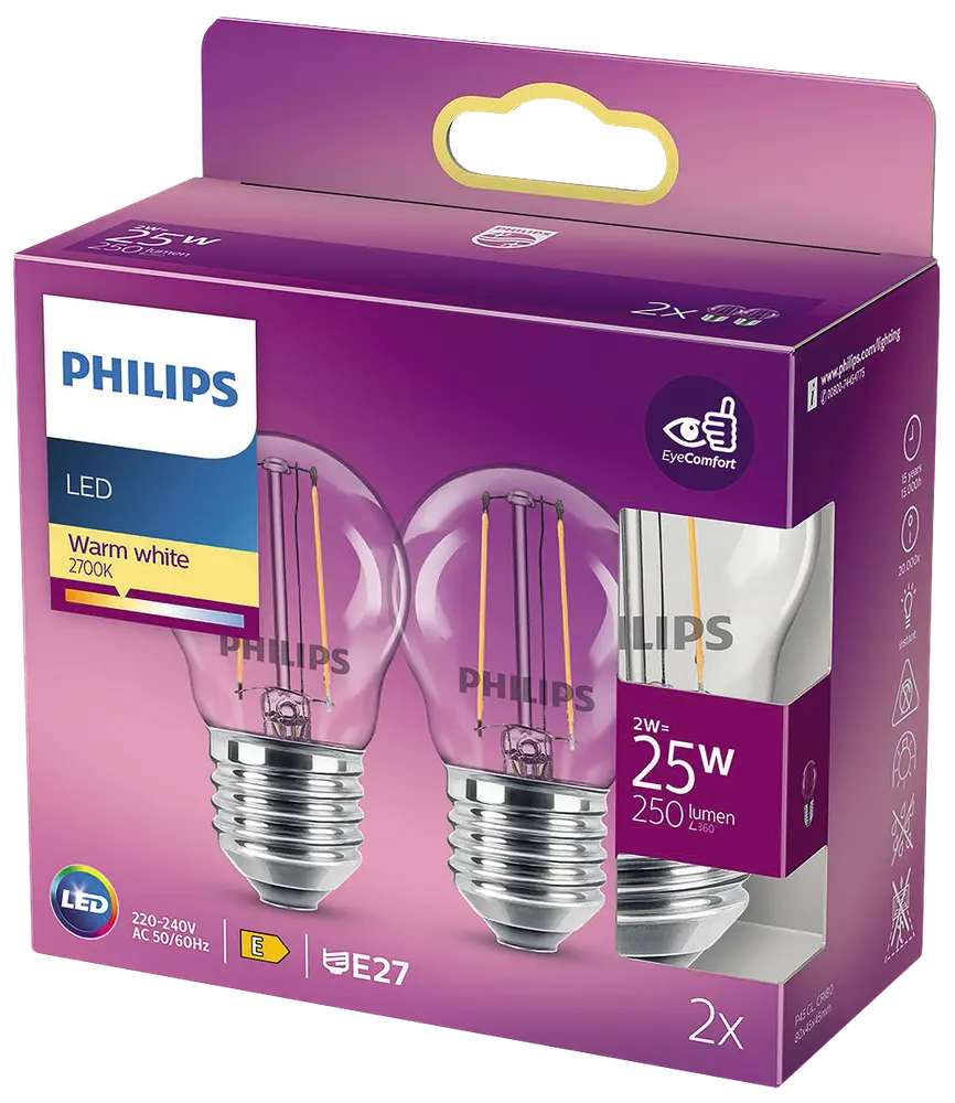 PHILIPS LED-filamentpære 2W E27 2-pak