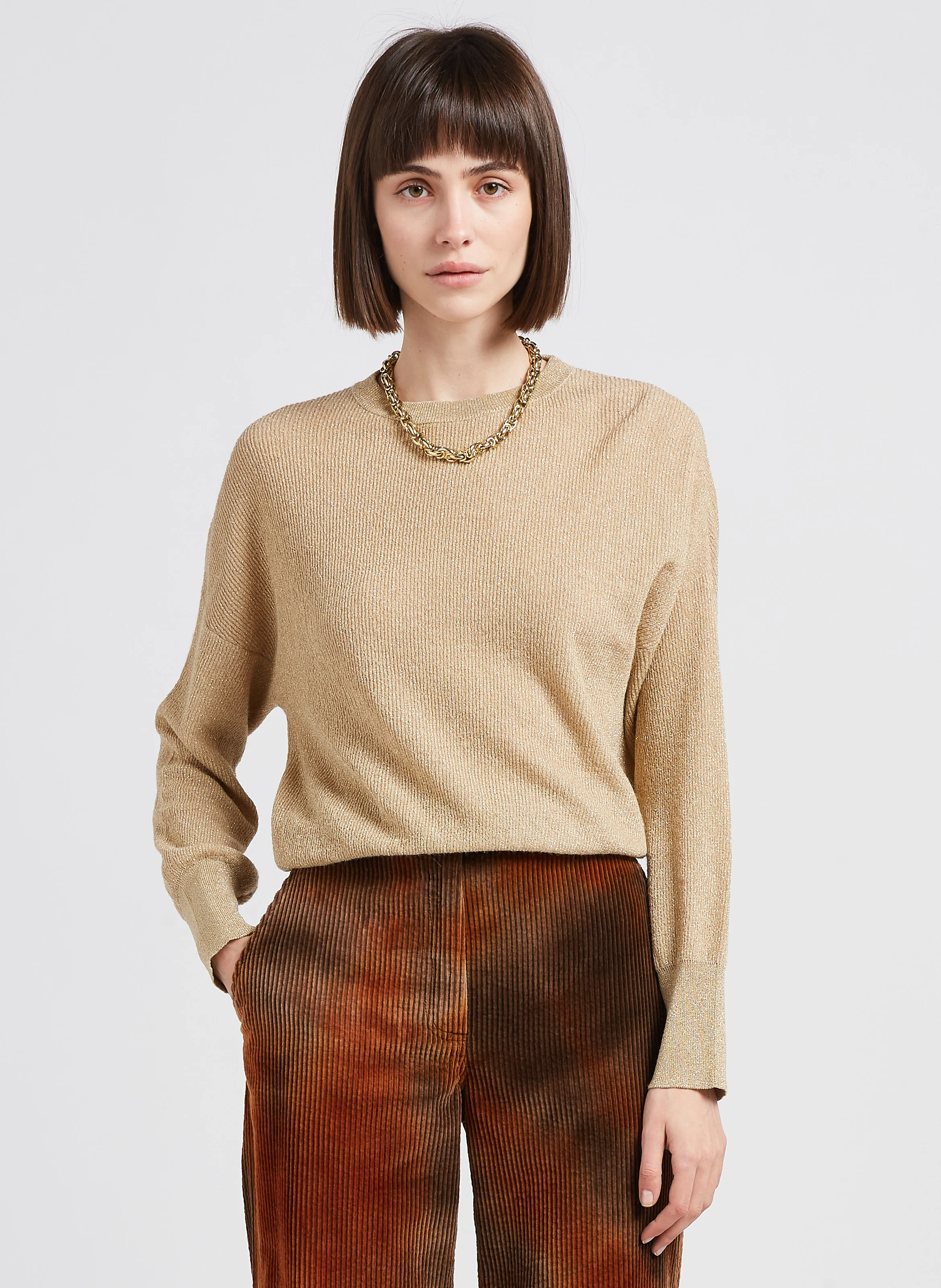 DESIRE - Pull col rond en maille métallisée | Beige