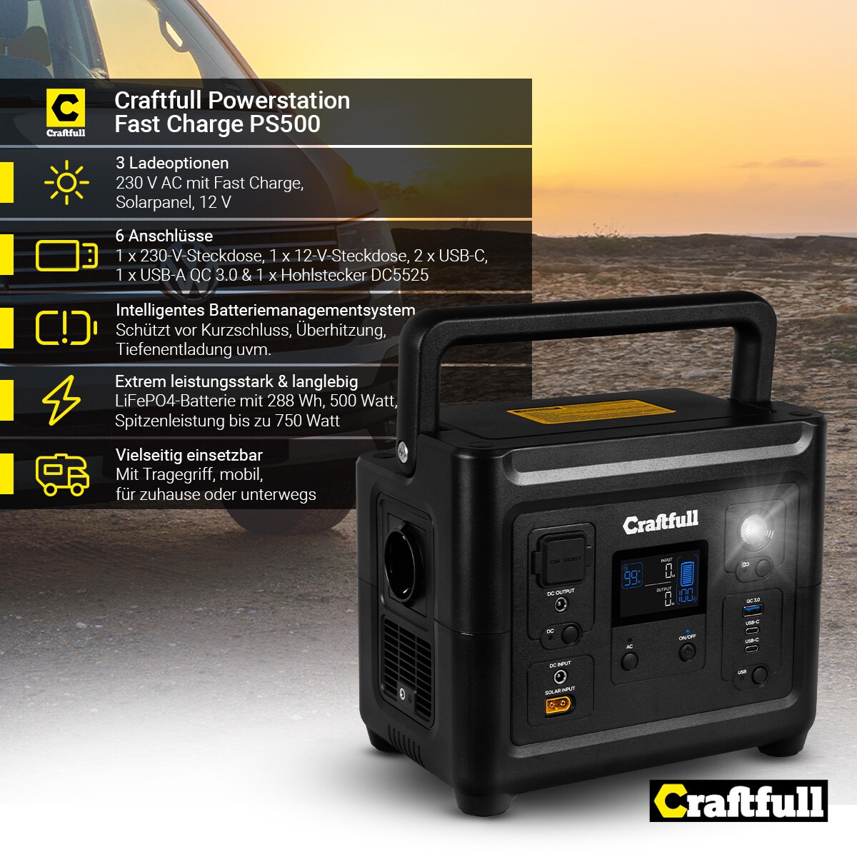 Craftfull Powerstation Fast Charge PS500, 500 Watt, tragbar, Lithium-Akku, USB, 12 V, 230 V, MPPT