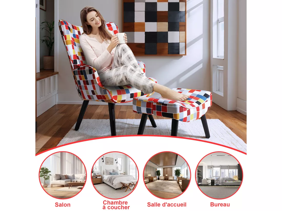 Fauteuil HomeMiYN avec Coussin et Tabouret - Chaise d'Angle Rustique pour le Salon
