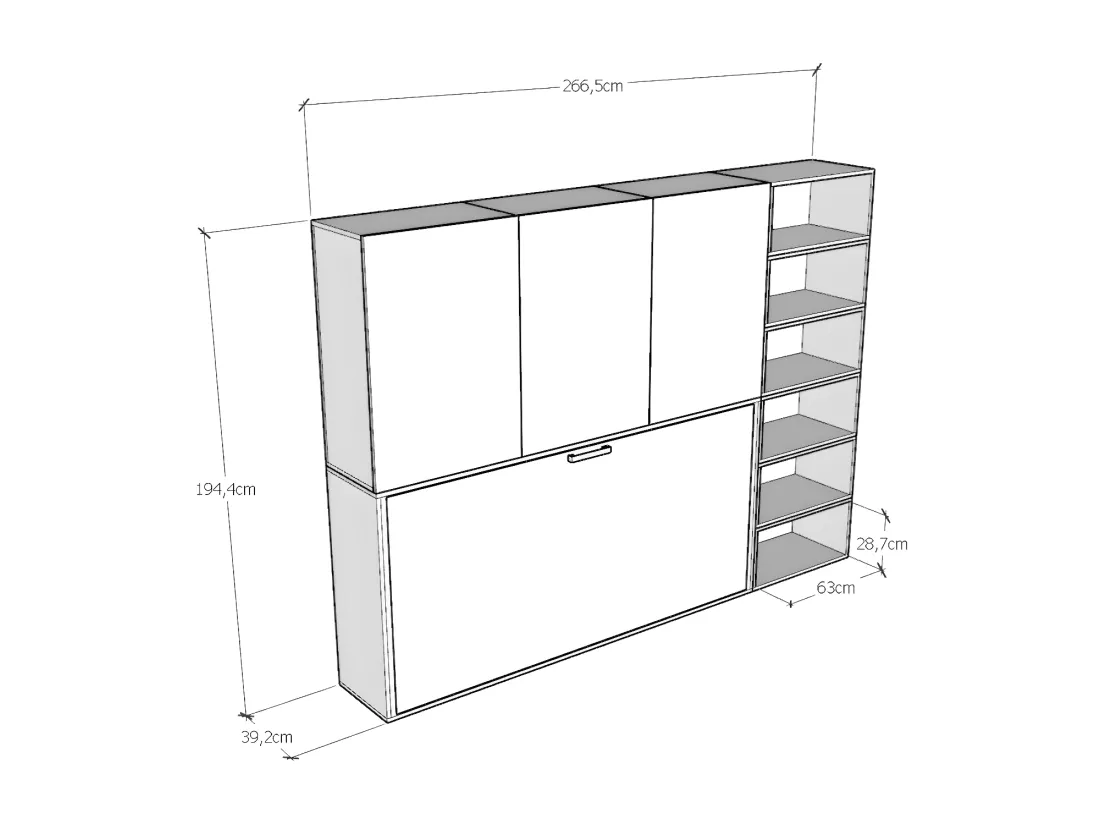 Lit escamotable horizontal blanc Bounto 85x185 avec rangement et bibliothèque composition G-