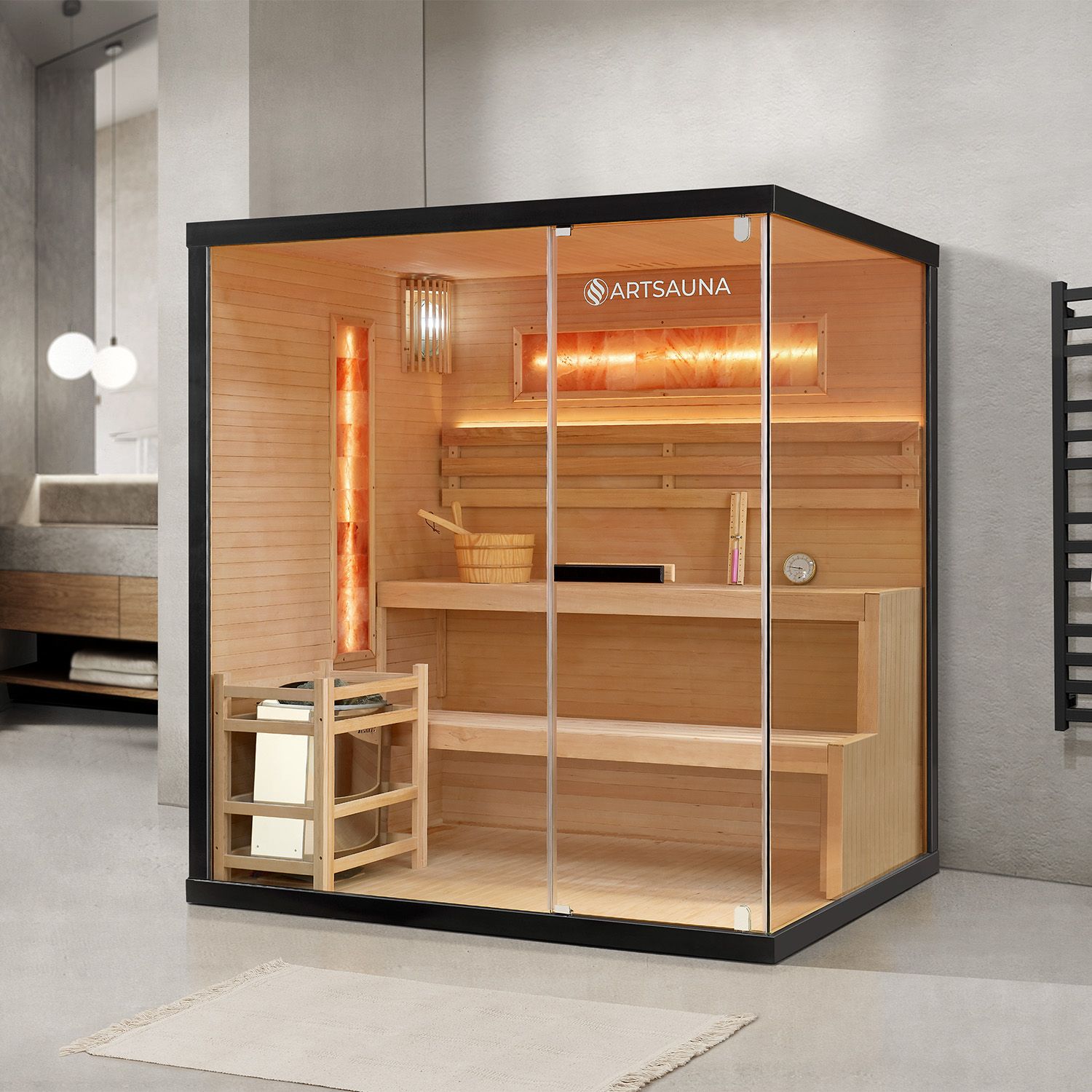 Vorbestellung: Artsauna Saunakabine Vantaa 175 mit Salzstein - Indoor Sauna für 4 Personen, 8 kW Ofen, Glasfront