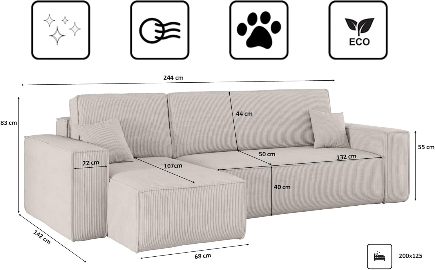 Kaiser Möbel, Ecksofa mit schlaffunktion, mit Bettkasten, Schlafsofa Best, Designer Sofa, Modern Design Couch, Polsterecke, Freistehend, Dicker Cord, Beige Links