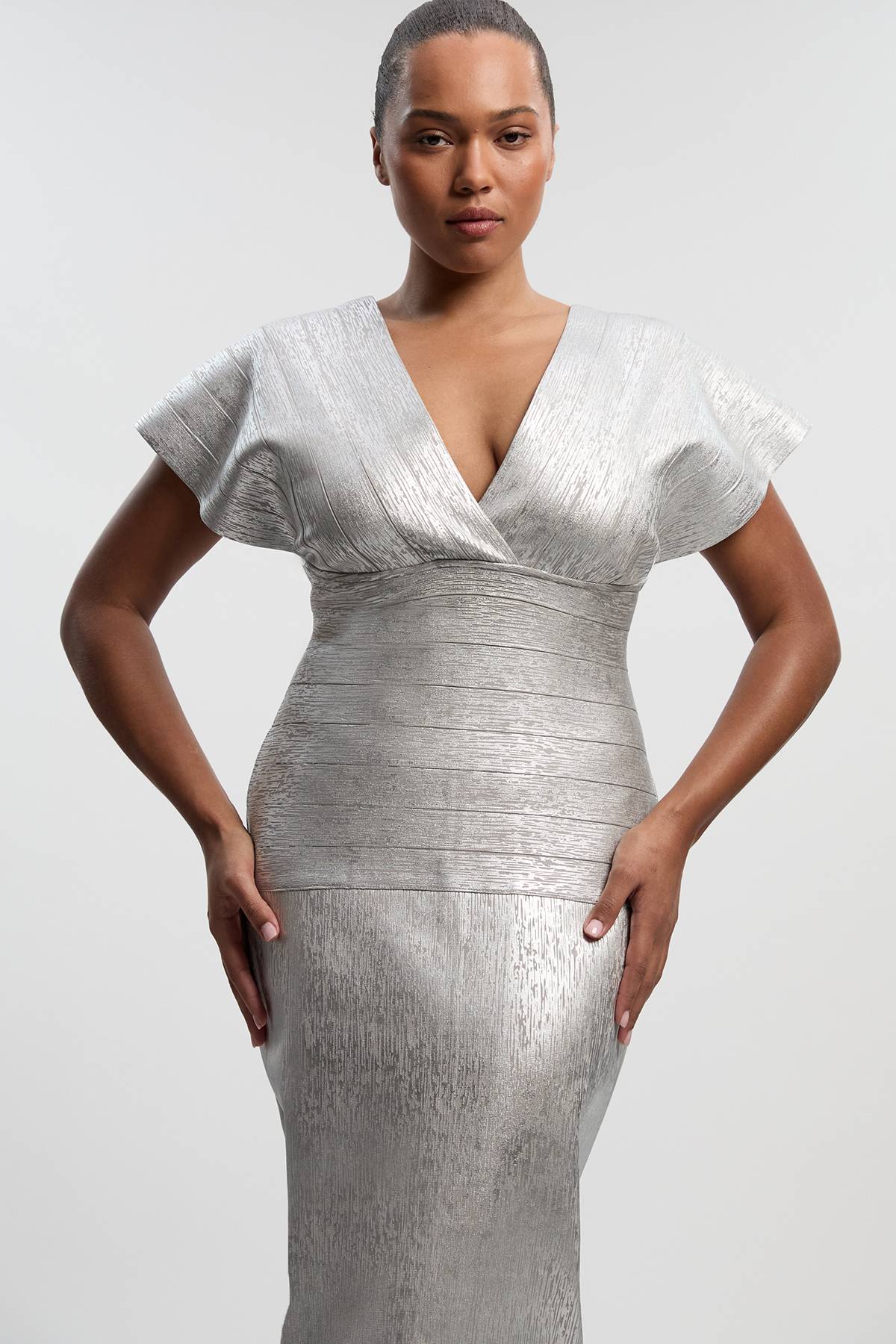 KarenMillen Robe Maxi en Maille à Manches Ange et Effet Métallisé Taille Plus