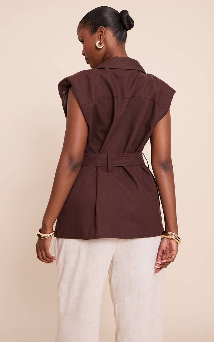Chocolat Gilet Utilitaire Aspect Lin Avec Ceinture À Nouer À La Taille