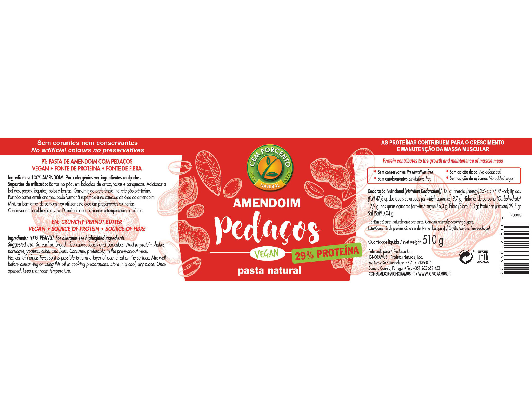 MANTEIGA CEM PORCENTO AMENDOIM PEDAÇOS 510G
