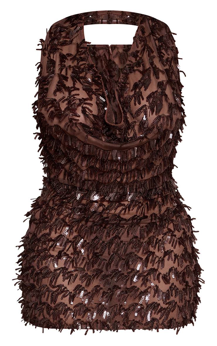 Marron Robe Mini Moulante À Col Licou Plongeant Avec Sequins Et Franges