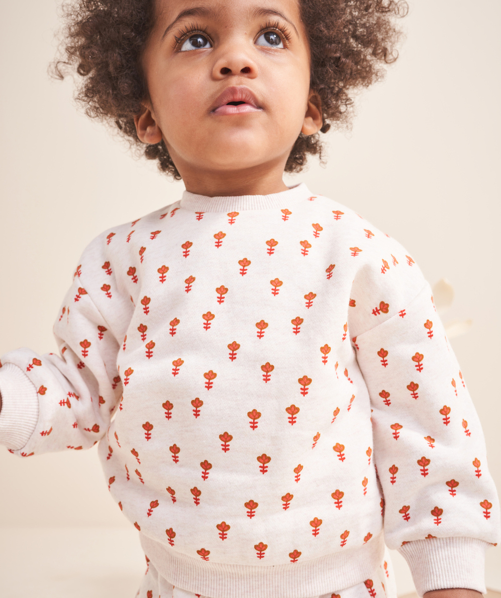 SWEAT BÉBÉ FILLE EN FIBRES RECYCLÉES ÉCRU CHINÉ IMPRIMÉ FLEURI ORANGE