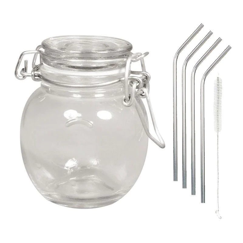 Bocal verre avec couvercle + 4 pailles en inox Youdoit