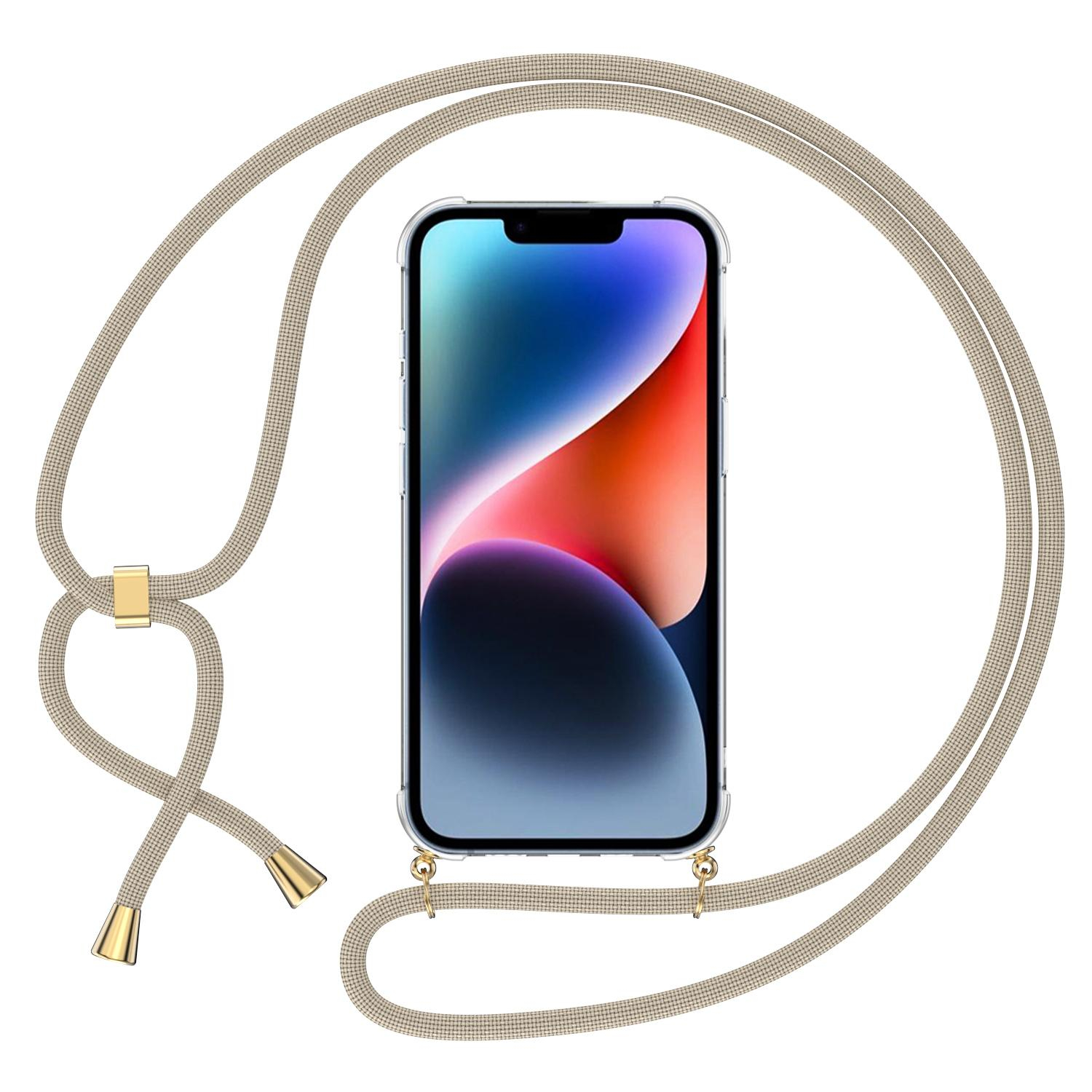 iPhone 14 Necklace Gummi Hülle Air Cushion Fallschutz   Handykette (150cm) - Transparent / Beige