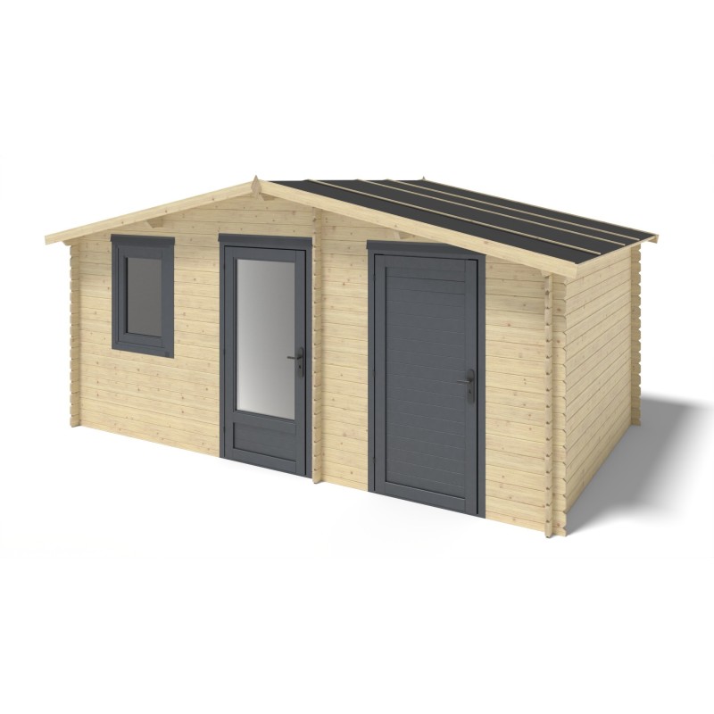 Abri de jardin en bois - 5x3 m - 25 m2 + terrasse avec balustrade et avant-toit en bois