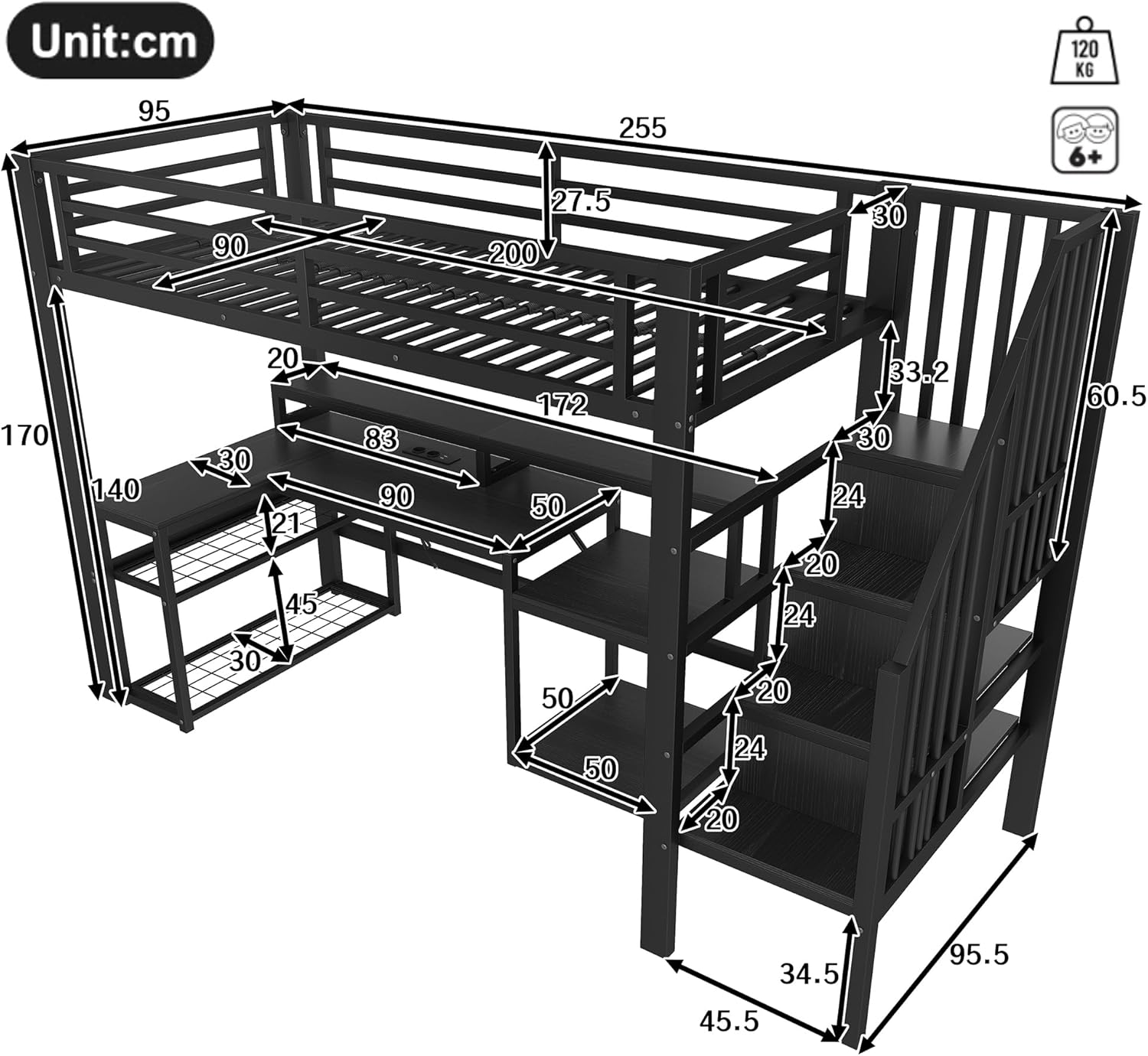 Kinderbett Hochbett 90x200 cm,Metallbett mit LED-Lichtleiste und USB-Anschluss,mit Treppe und Rausfallschutz,Treppenkonstruktionen mit Stauraum,Jugendbett,Spielbett,ohne Matratze (Schwarz, 90×200cm)