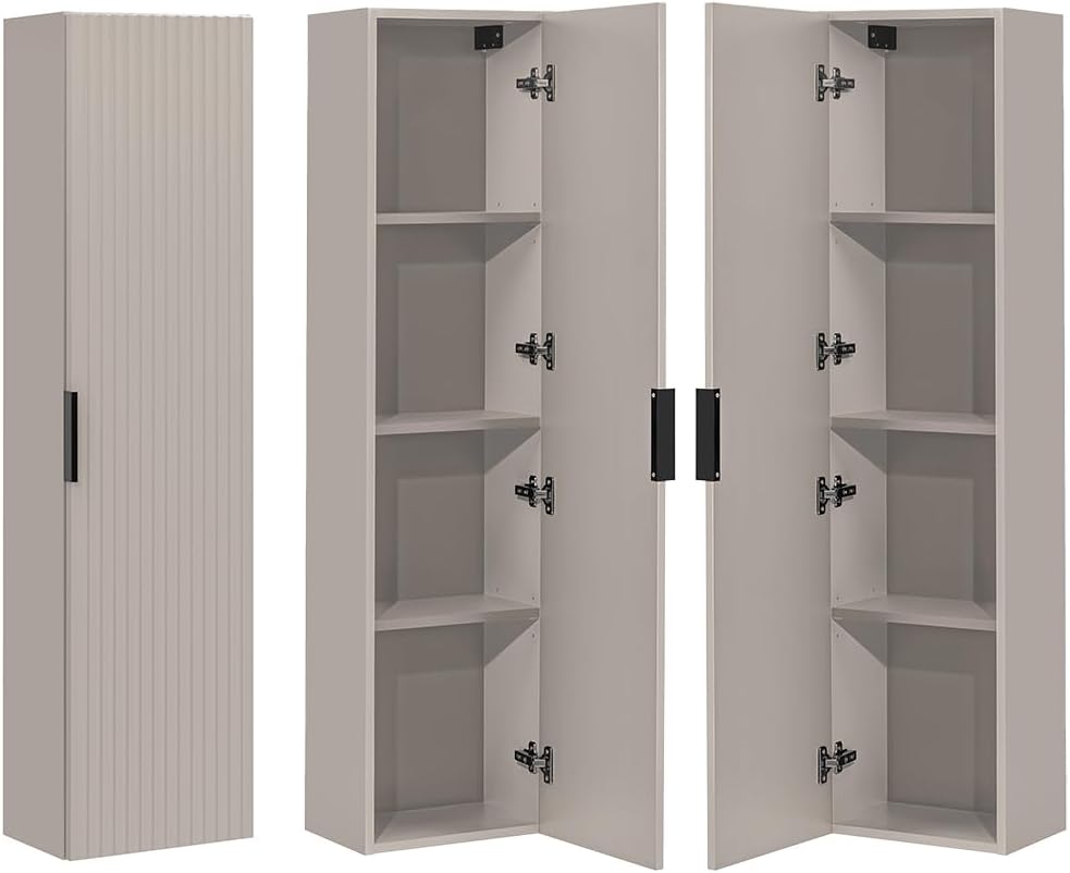 Lomadox Badezimmer Badmöbel Set mit 140cm Waschtisch, 3-teilig, in Kaschmir und Eiche, mit Keramik-Waschbecken, Spiegel, LED-Beleuchtung, Hochschrank