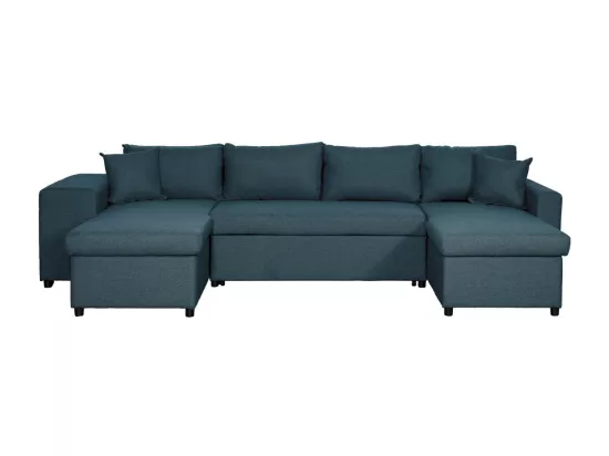 Canapé d'angle panoramique Oslo convertible avec coffres et poufs à gauche - Tissu - Bleu pétrole - L311 x P146 x H81cm - Loungitude