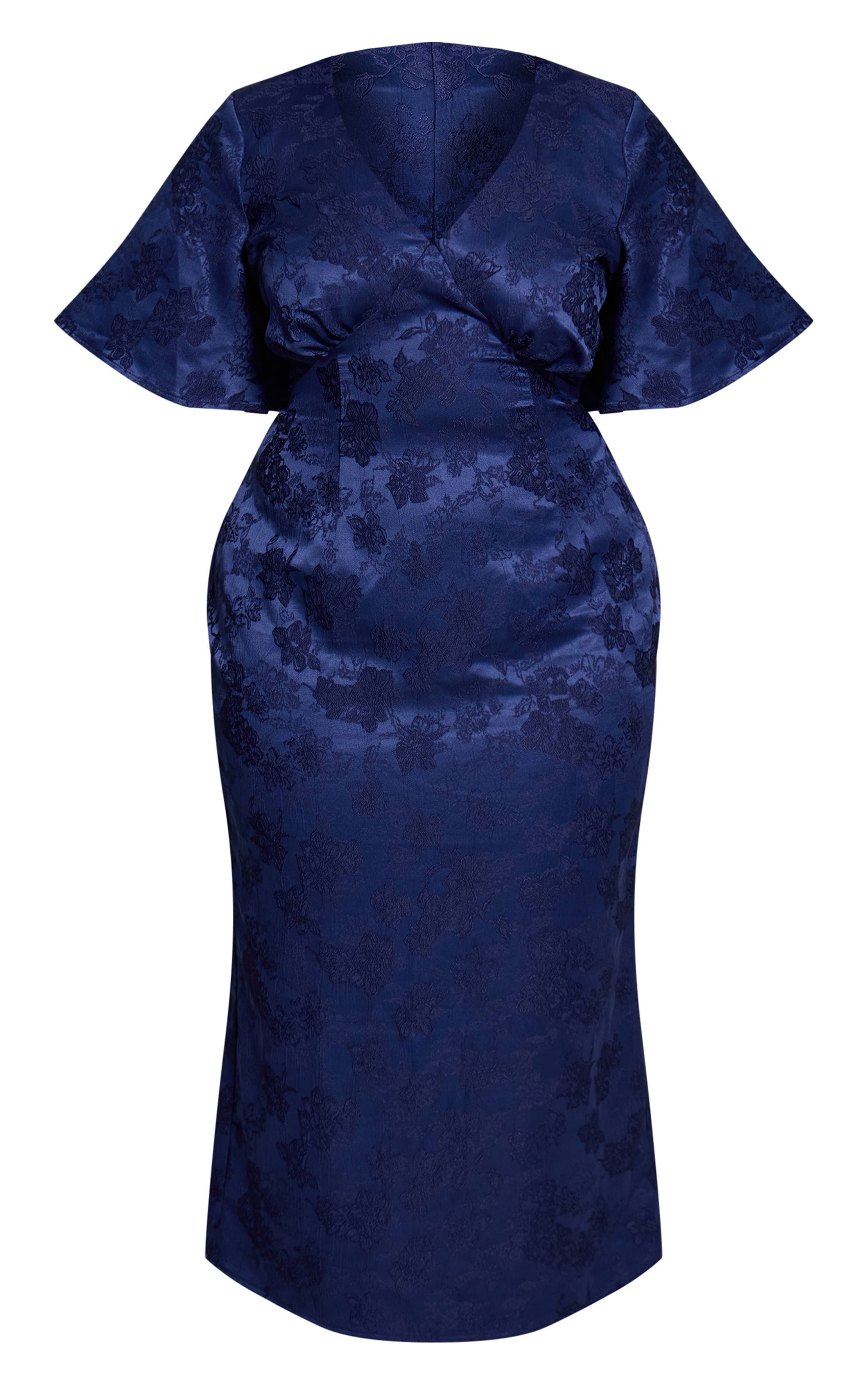 Bleu Marine Robe Midi Grande Taille À Décolleté Plongeant, Manches Bouffantes Et Jacquard Fleuri