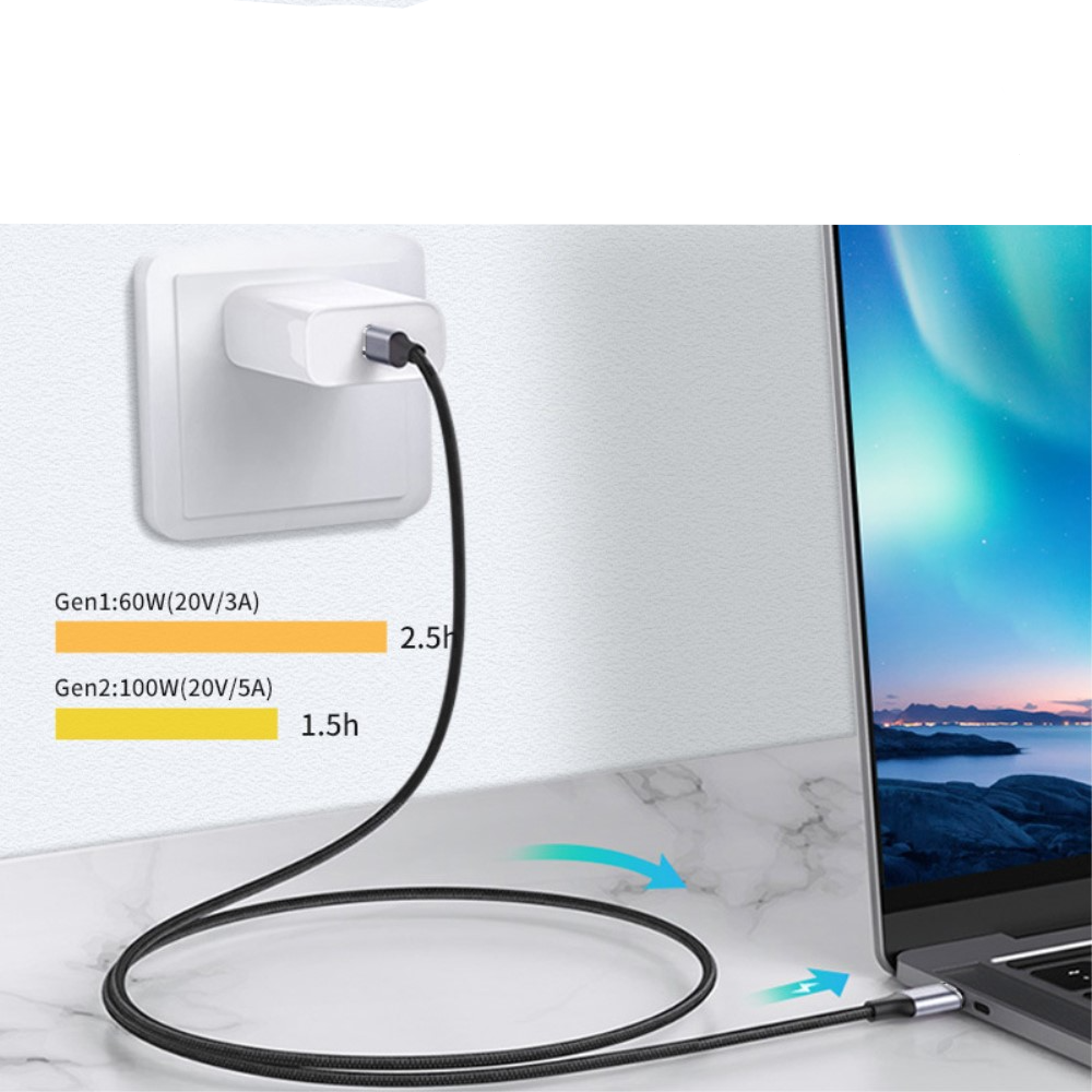 (1m) 100W USB C auf USB C PD Schnell Ladekabel 4K Thunderbolt Nylon Datenkabel 90° Winkel - Schwarz