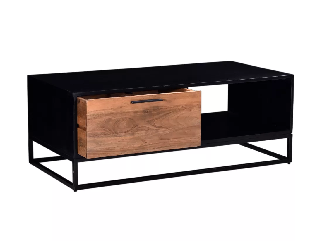 Table basse avec 1 tiroir et 1 niche en bois d'acacia et métal - Naturel foncé et noir - ALYONA
