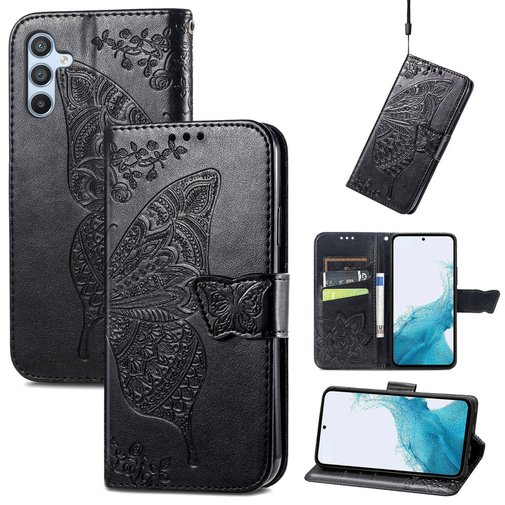 Samsung Galaxy A56 Leder Tasche Flip Cover Schmetterlinge Imprint - Schwarz