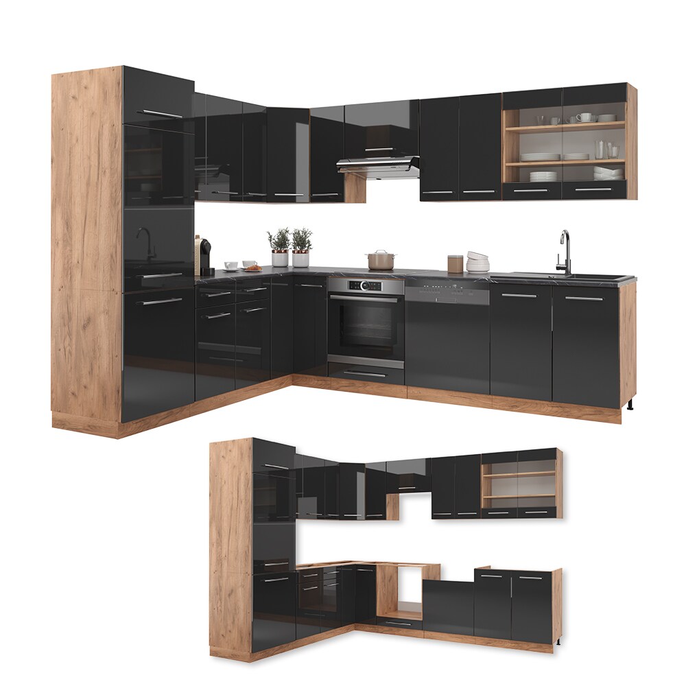 Vicco Eckküche Küchenzeile Einbauküche Fame-Line Eiche Anthrazit 227x287 cm modern Spülenunterschrank Schubunterschrank Eckunterschrank Herdumbauschrank Hängeschrank Kühlumbauschrank Hängeglasschrank