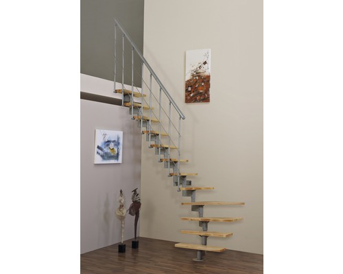 Pertura Kolina middentrap, parelgrijs, kwartslag, links/rechts onder, 76 cm, balustrade van gelamineerd beukenhout, gelakt, 12 treden / 13 stootborden