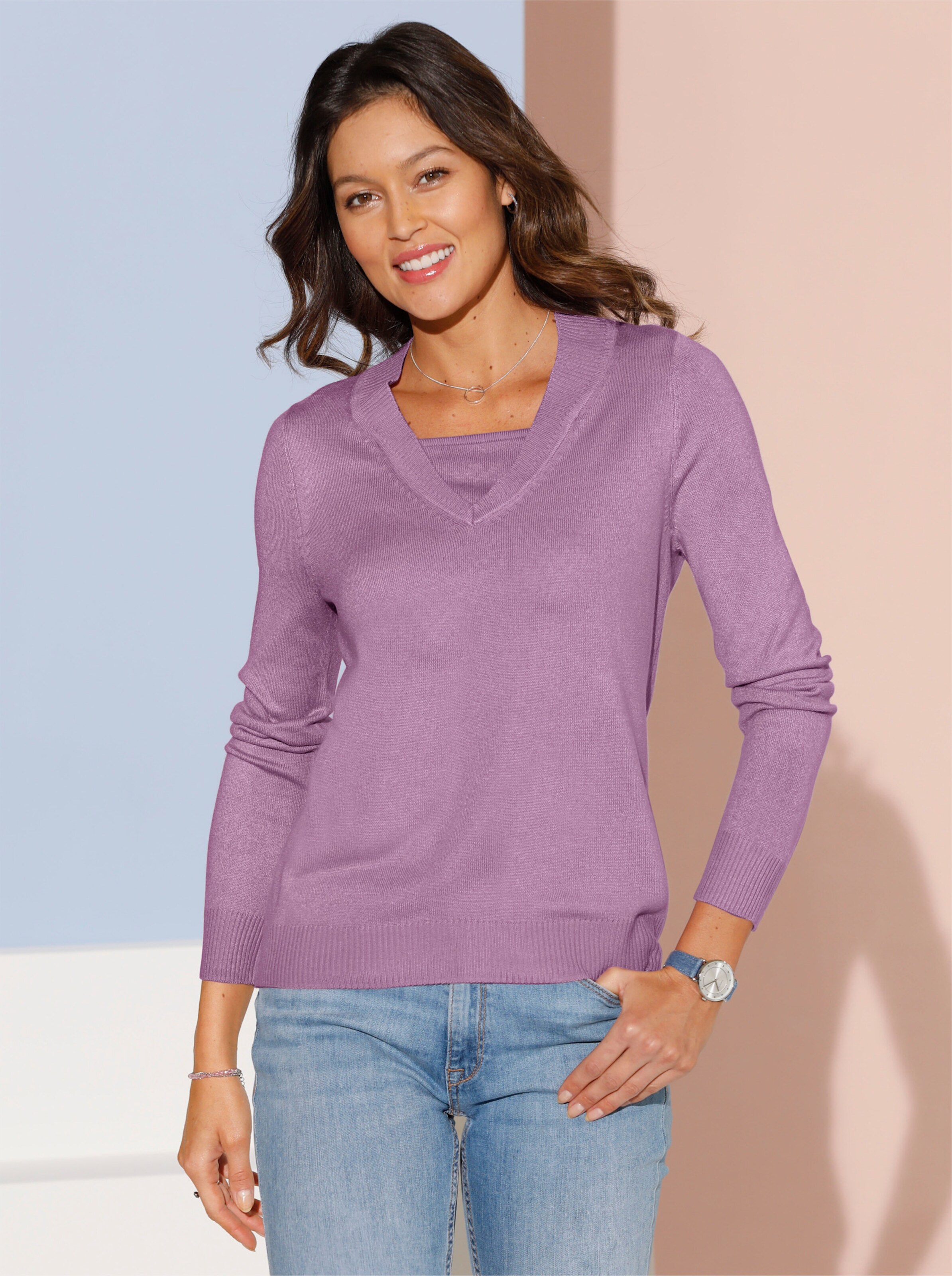 2-in-1-Pullover mit V-Ausschnitt, weich