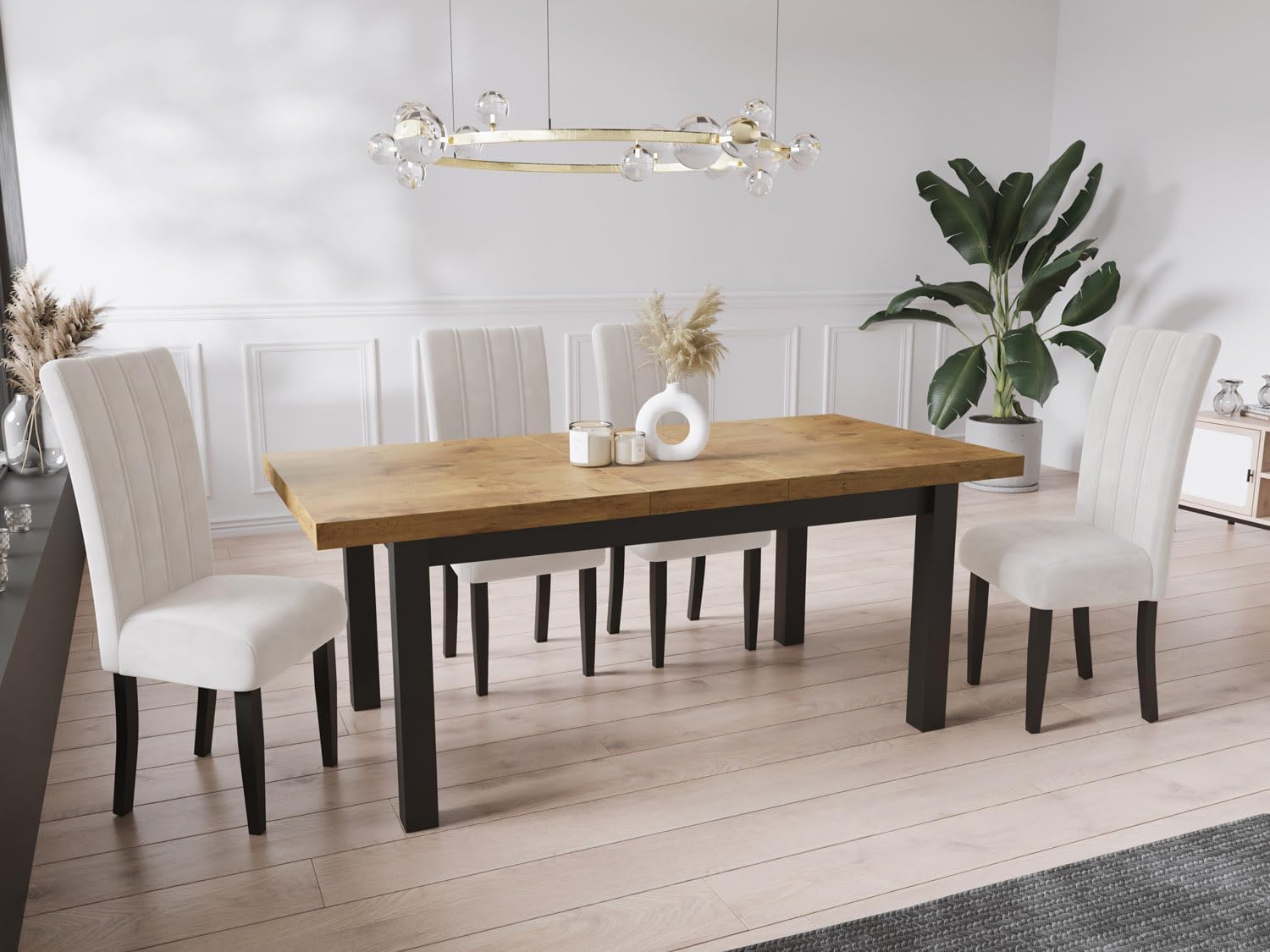 WFL GROUP Moderner Rechteckiger Ausziehbarer Esstisch - Platzsparend - Schwarze Holzbeine - 200 bis 300 cm - Hergestellt in EU - 200 x 100 cm - Lancelot Eiche