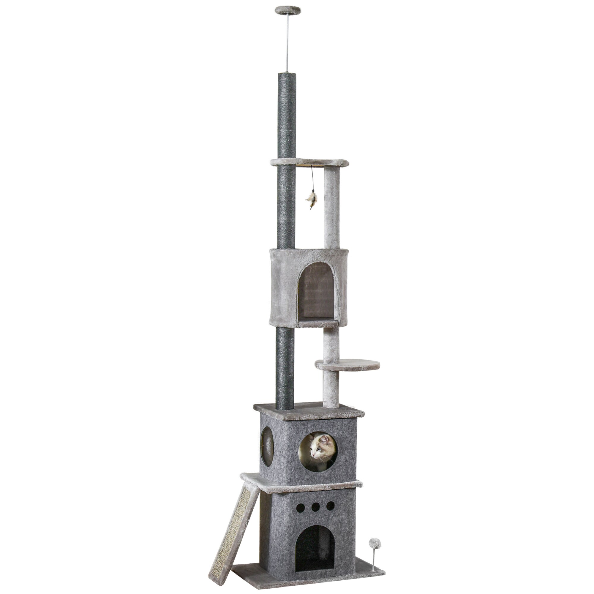 PawHut Kratzbaum Höhenverstellbar und mit Katzenspielzeug grau 60L x 40B x 225-255H cm