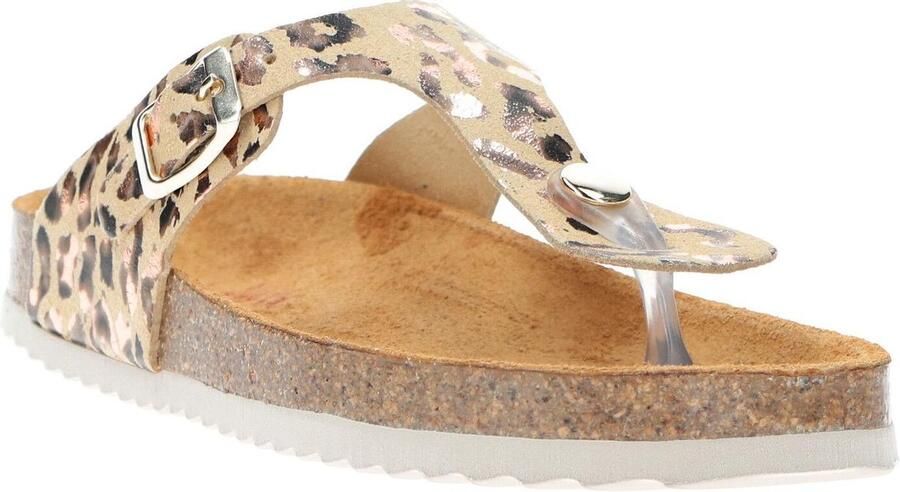 Develab 48202 leren teenslippers met panterprint beige goud